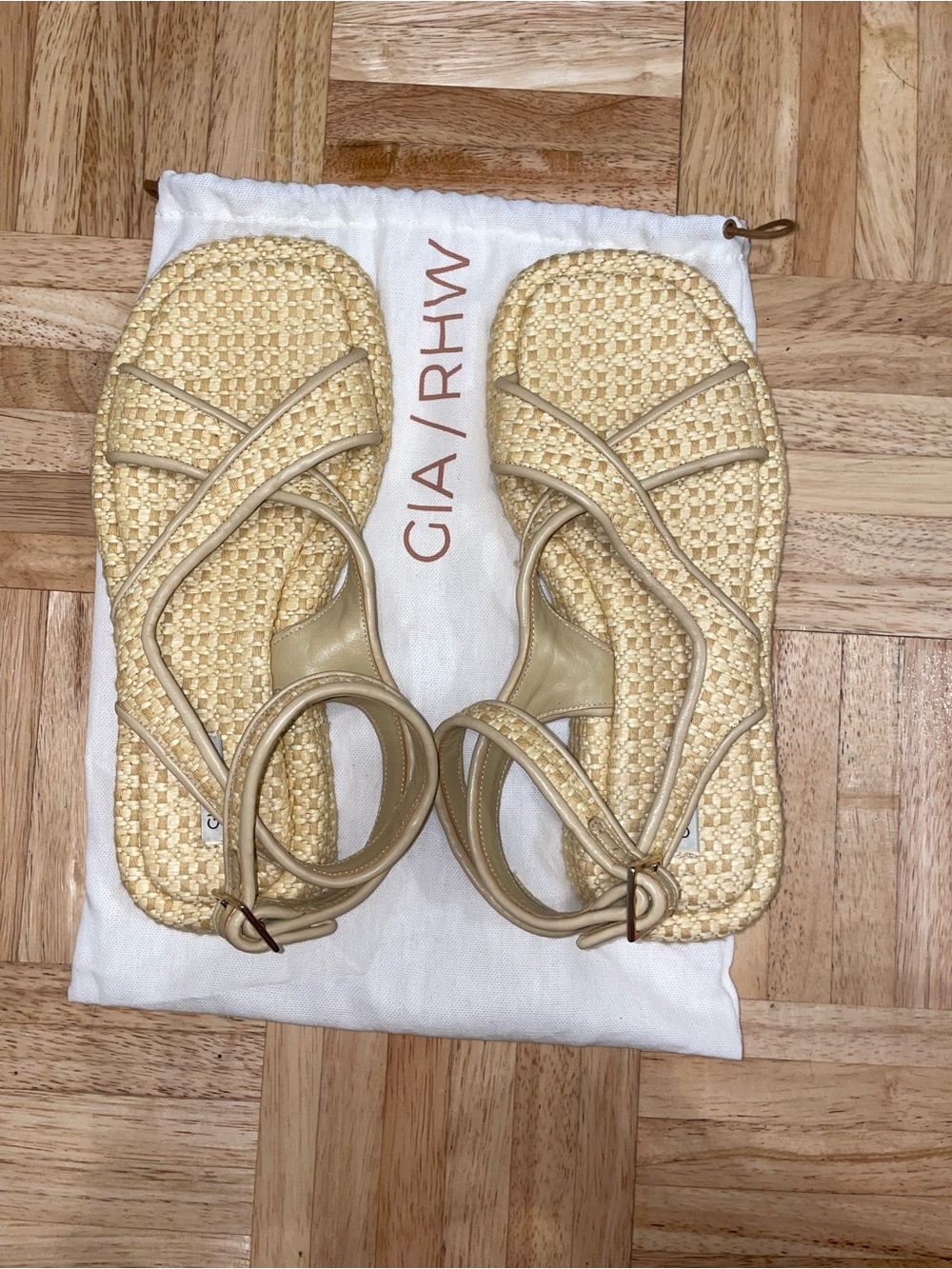 Gia/ RHW Beige Woven Ankle-Strap Sandals